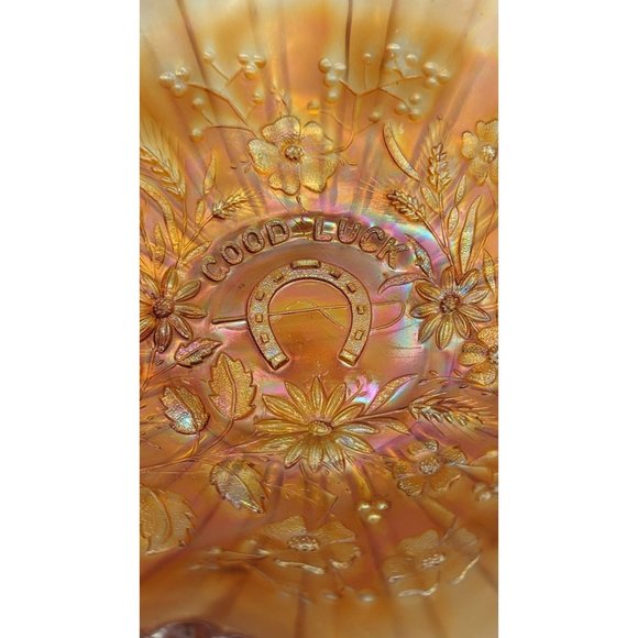 Northwood Good Luck Ruffled Bowl Ribbed Back Carnival Glass Vintage - Picture 3 of 12